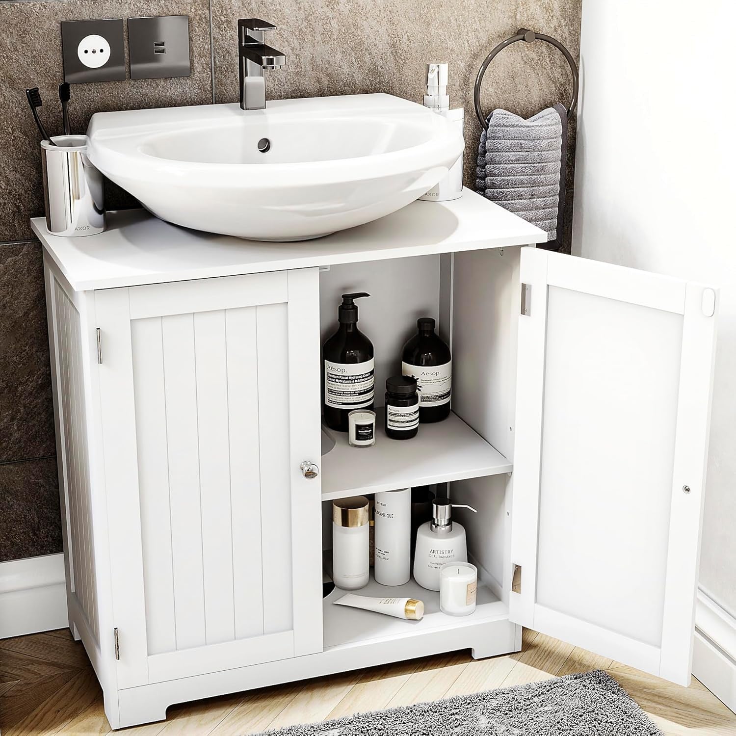 White Under Sink Bathroom Cabinet – 2 Door Storage Unit with Shelves 60cm Modern