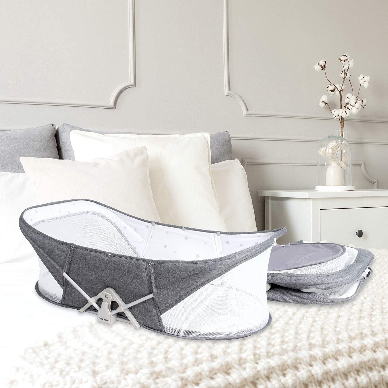 Portable Baby Travel Bassinet Crib with Mattress Foldable Cot & Canopy Grey