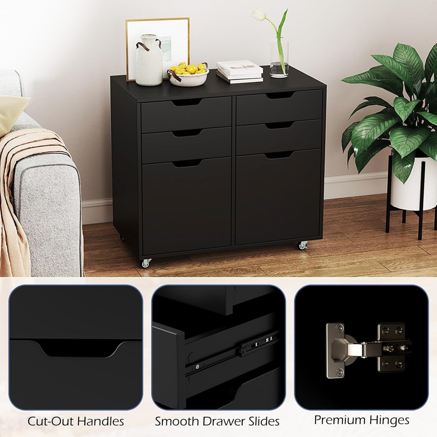 Black 4 Drawer Mobile File Cabinet 73x40x64cm Printer Stand
