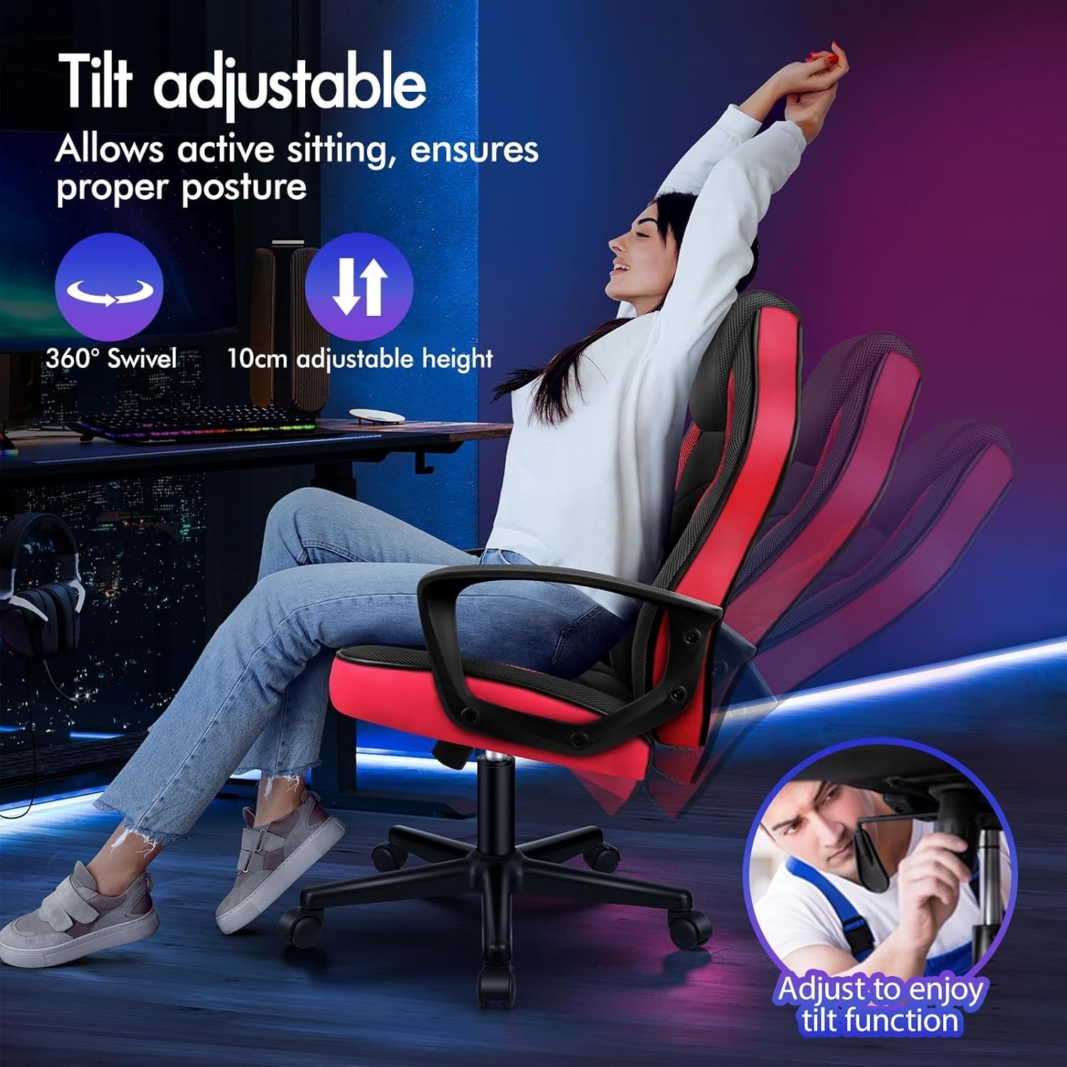 Ergonomic Gaming Chair Racing Swivel Desk Chair Mesh PU Red