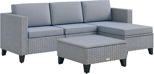 5-Piece Grey Rattan Garden Sofa Set with Cushions & Glass Coffee Table