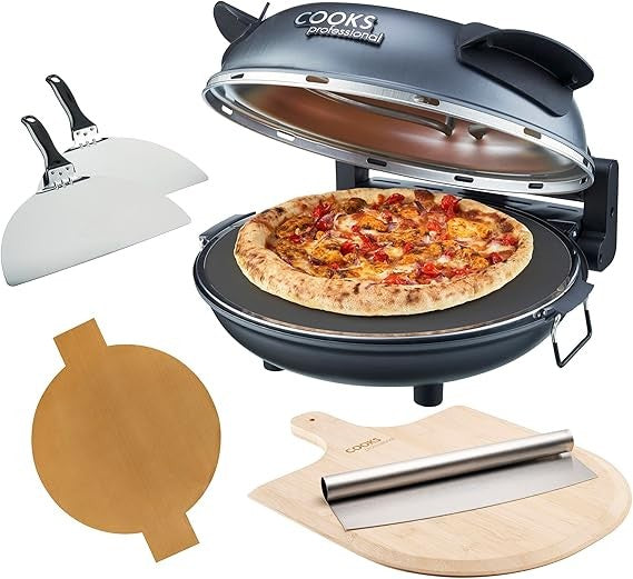 1200W Electric Pizza Oven 31cm Stone with Cutter Board & Glass Timer