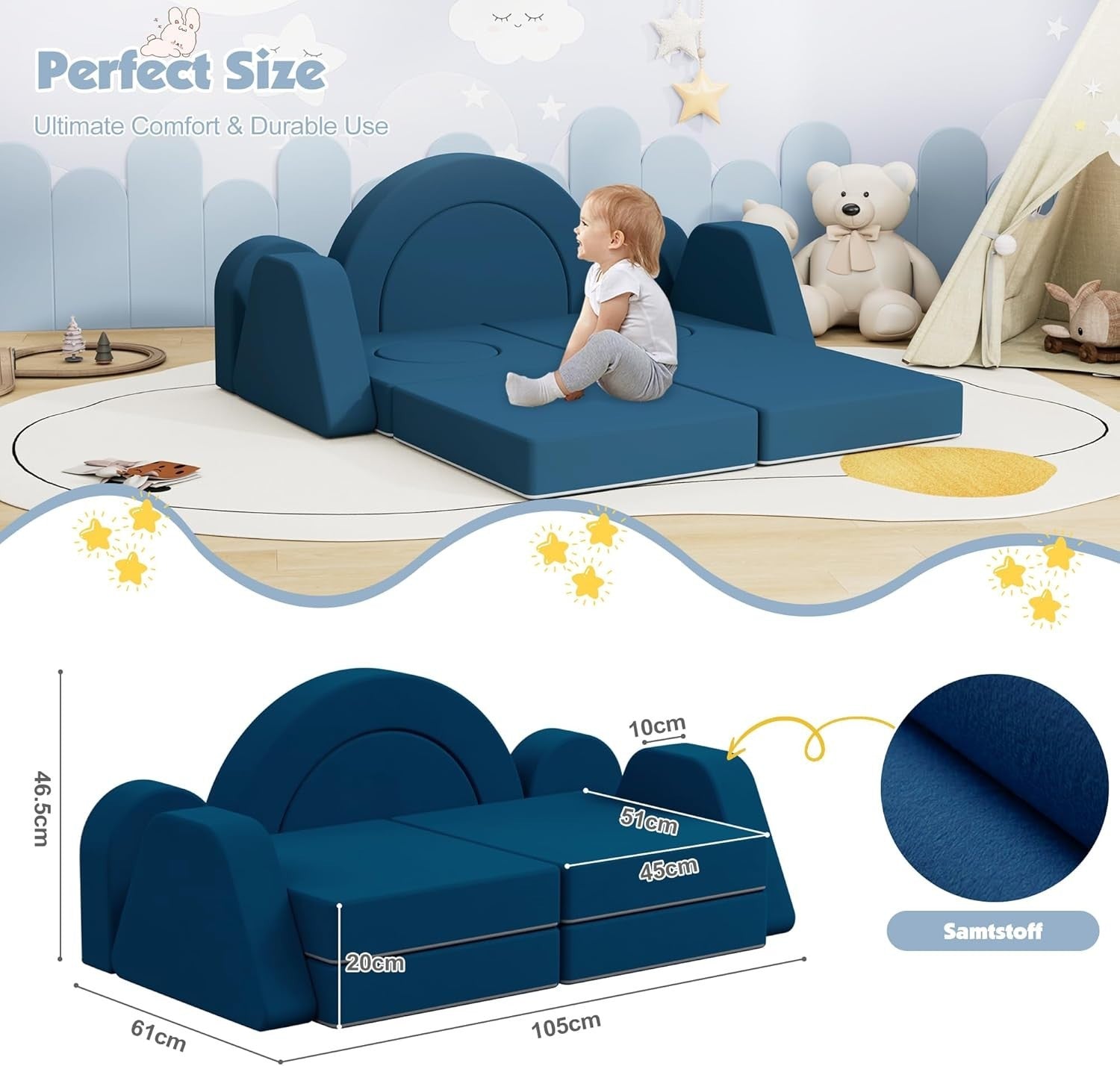 Modular Kids Play Couch Sofa Bed Foam Fort for Creative Play Blue