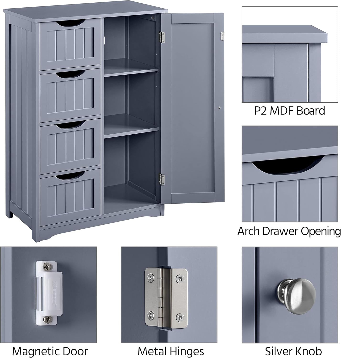 Grey Wooden Bathroom Cabinet 4 Drawer Storage Cupboard Organizer Unit