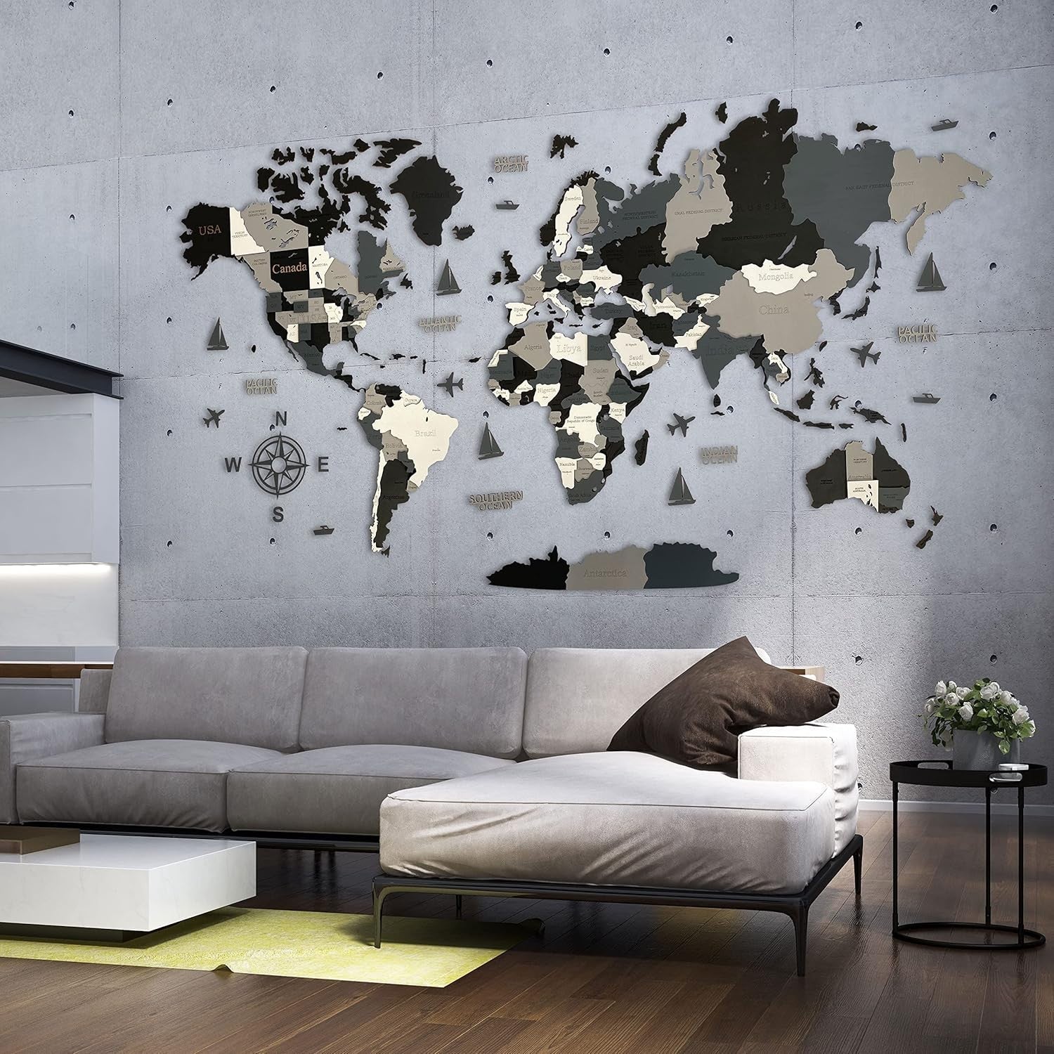 XL 3D Wooden World Map Wall Art Night Travel Decor 213x113cm