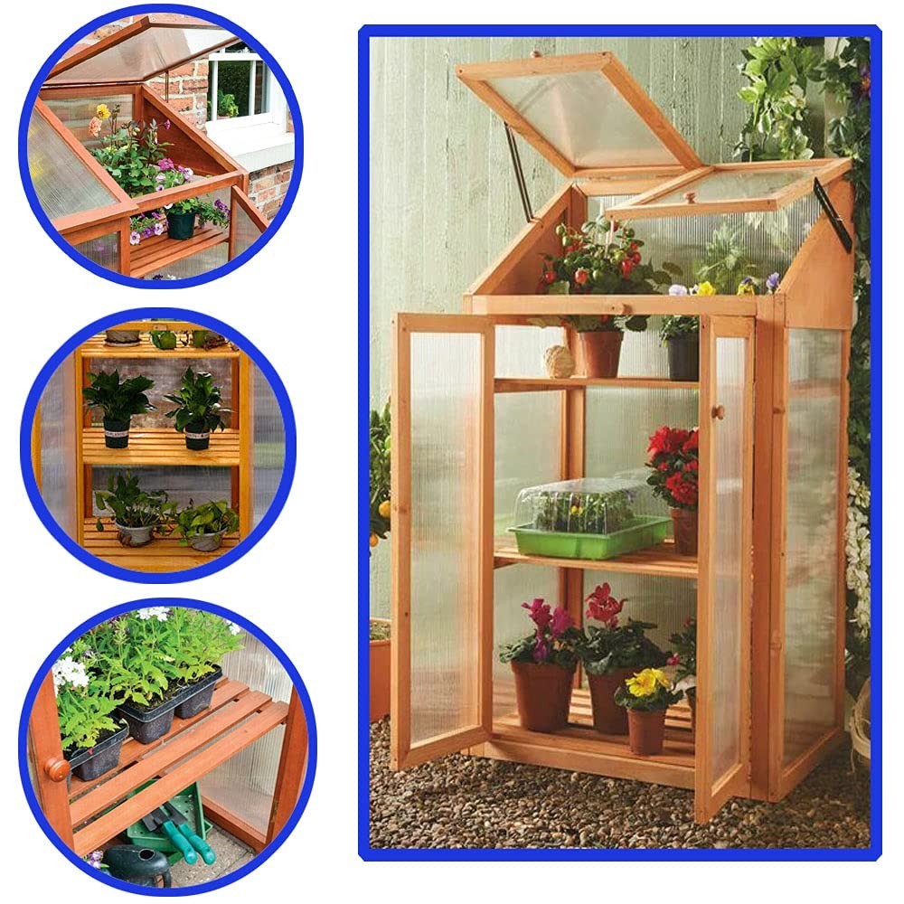 3 Tier Wooden Garden Greenhouse with Polycarbonate Panels & Adjustable Shelves