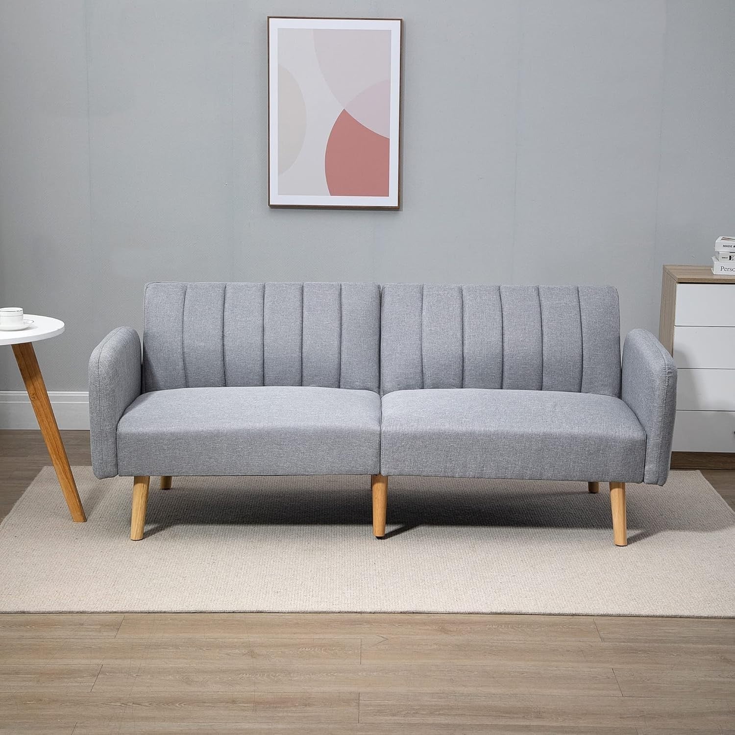 2-Seater Click Clack Sofa Bed Light Grey Linen Split Back Guest Couch Small Room