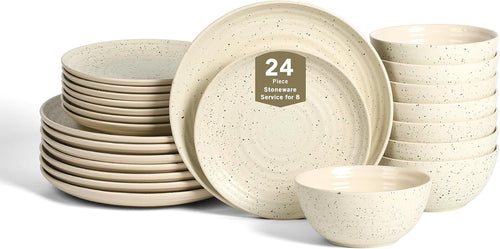 24pc Stoneware Dinner Set White Plates Bowls Microwave Dishwasher Safe