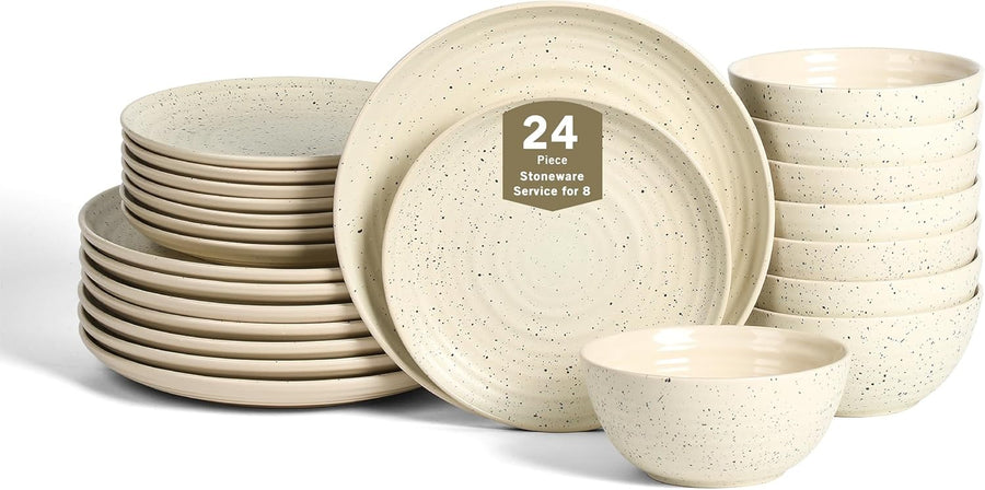 24pc Stoneware Dinner Set White Plates Bowls Microwave Dishwasher Safe