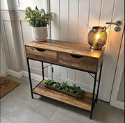 Modern 2-Drawer Console Table with Wooden Shelves & Black Metal Frame