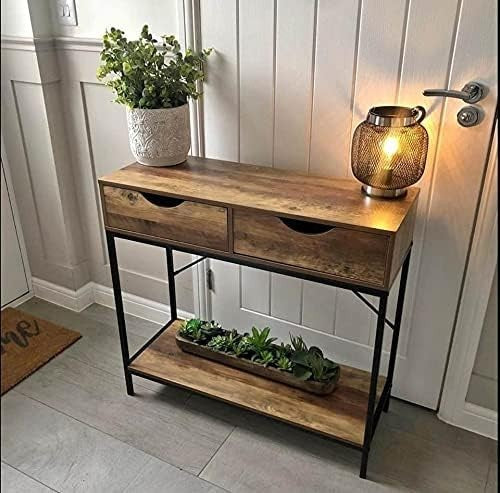 Modern 2-Drawer Console Table with Wooden Shelves & Black Metal Frame