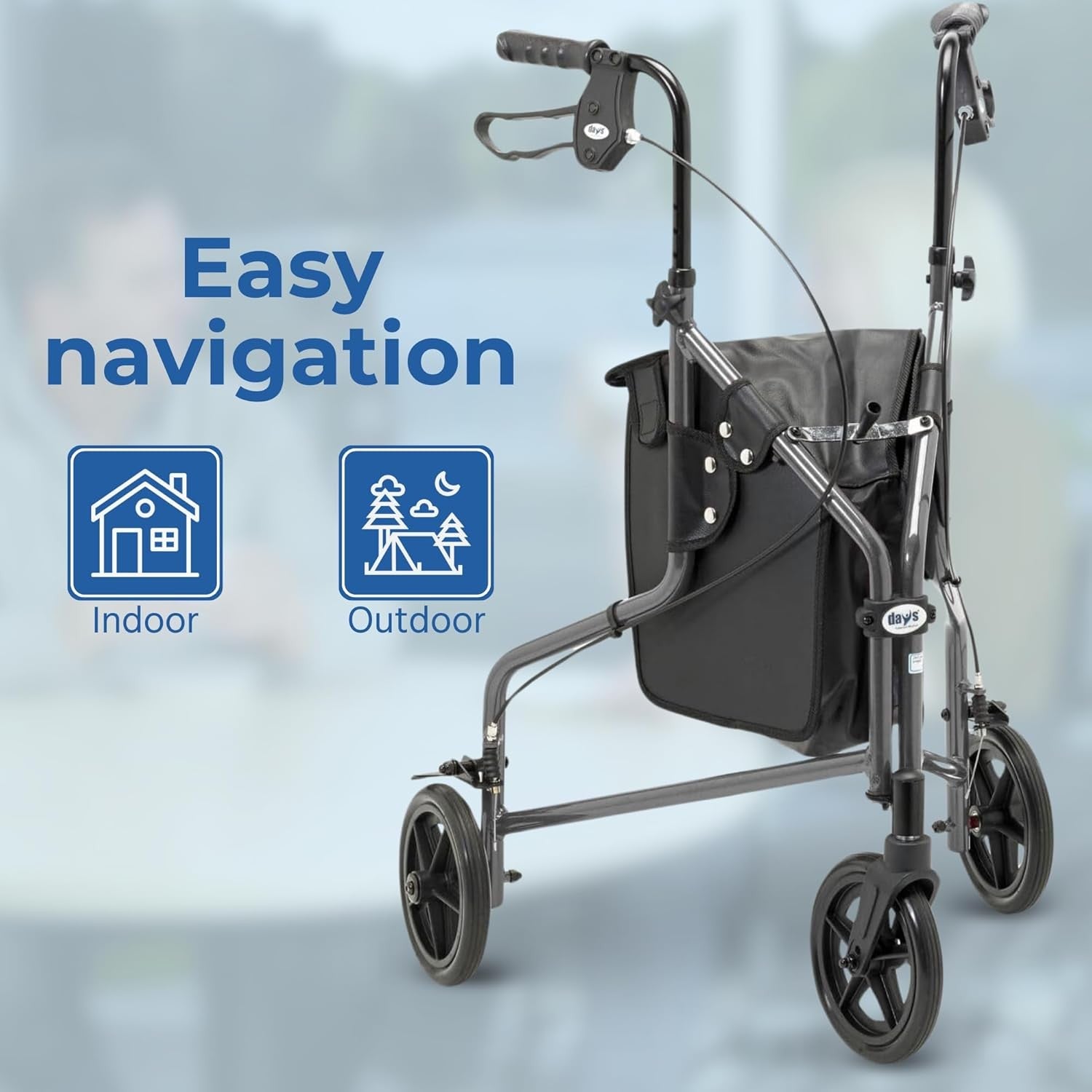 Lightweight Tri Wheel Rollator Adjustable Height Brakes Carry Bag