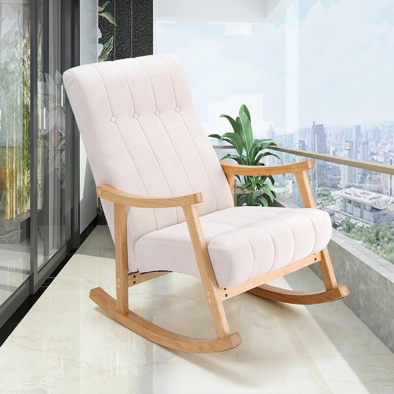 Beige Velvet Rocking Chair Tufted Armchair with Wooden Frame Lounge Seat