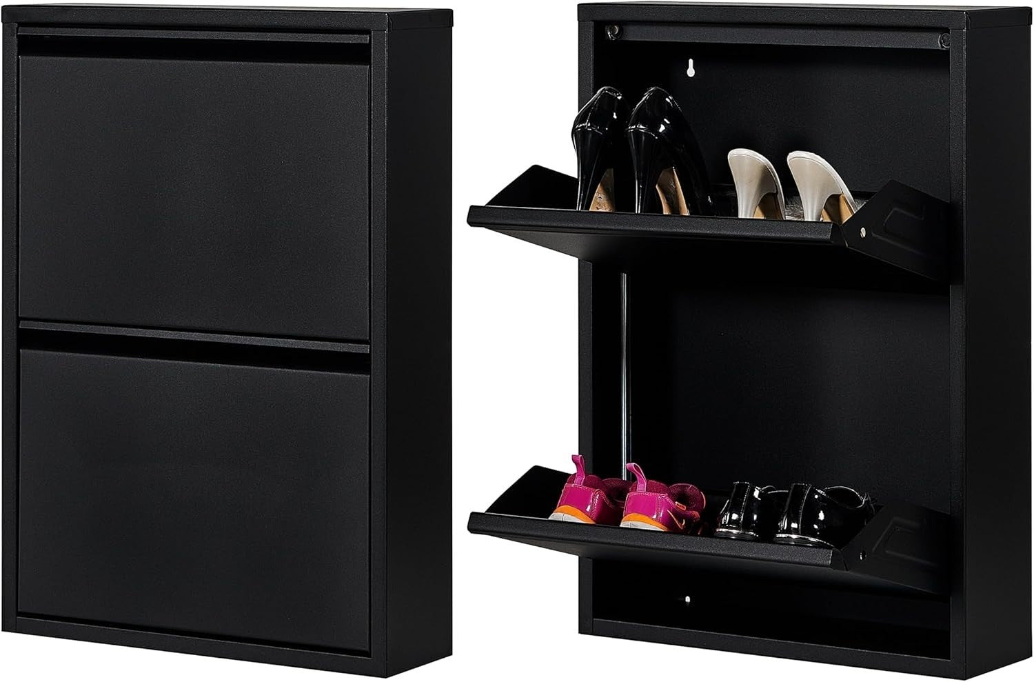 Slim Wall Mounted 2 Drawer Metal Shoe Cabinet Space Saving Organizer Black