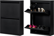 Slim Wall Mounted 2 Drawer Metal Shoe Cabinet Space Saving Organizer Black