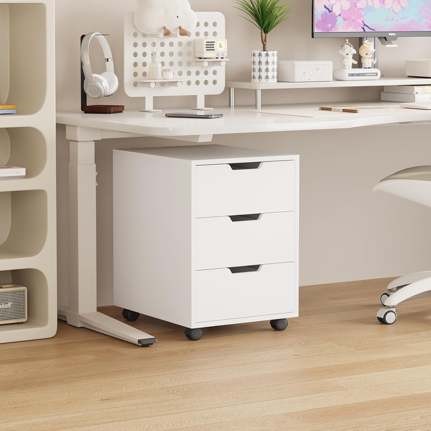 White Rolling Desk Pedestal 3 Drawer Under Desk Printer Storage