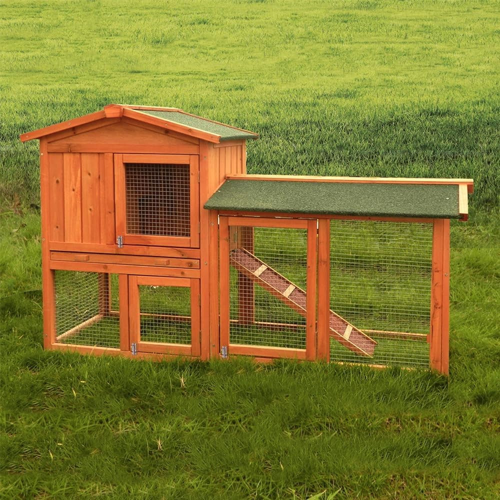 Large Rabbit Hutch with Run Outdoor 2 Tier Wooden Ramp Waterproof