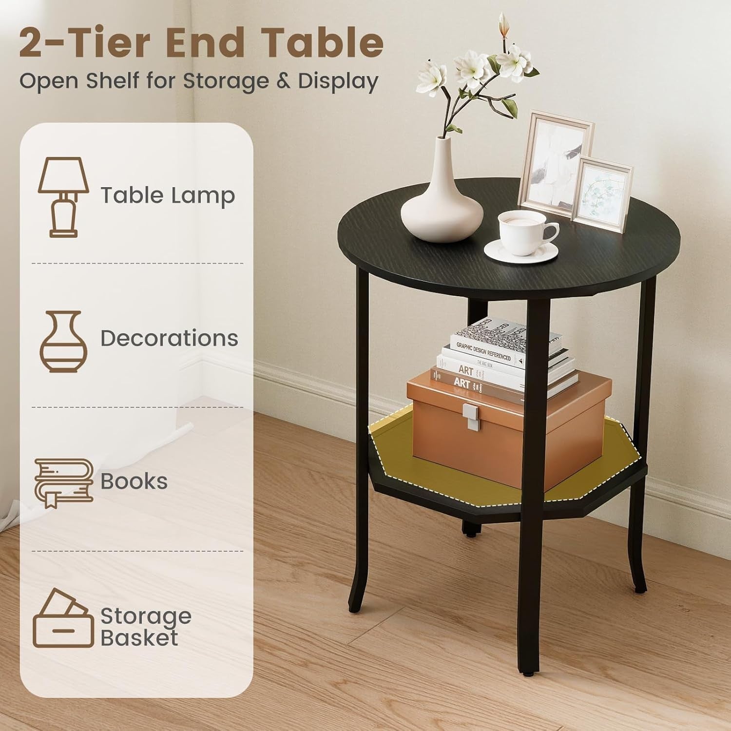 Round Black Side Table 2-Tier | Industrial Sofa End Table with Shelf 50×61cm