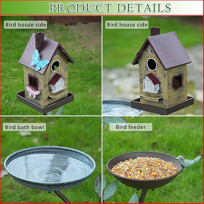 37" Cast Iron Bird Bath 3-in-1 Feeder & Birdhouse – Outdoor Garden Décor