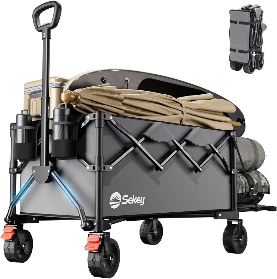 Grey 350–500L Folding Camping Wagon 440lb Heavy Duty All Terrain Festival Cart