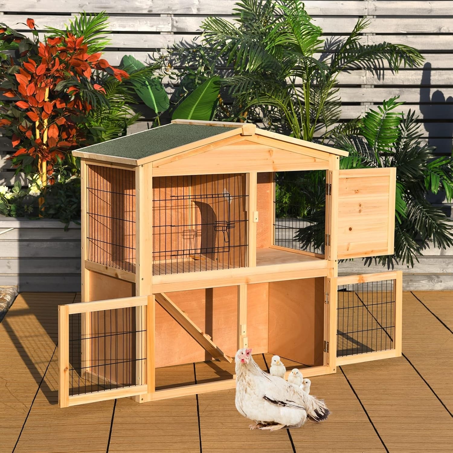 Wooden Rabbit Hutch 2 Storey Indoor Outdoor Pet Cage Ramp Doors