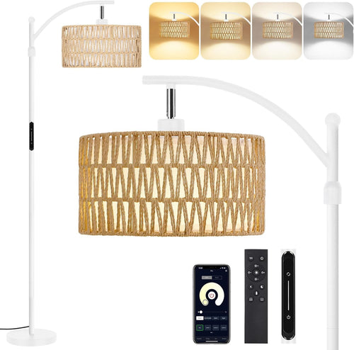 Smart Rattan Floor Lamp Remote App Dimmable Adjustable LED Boho Standing Light