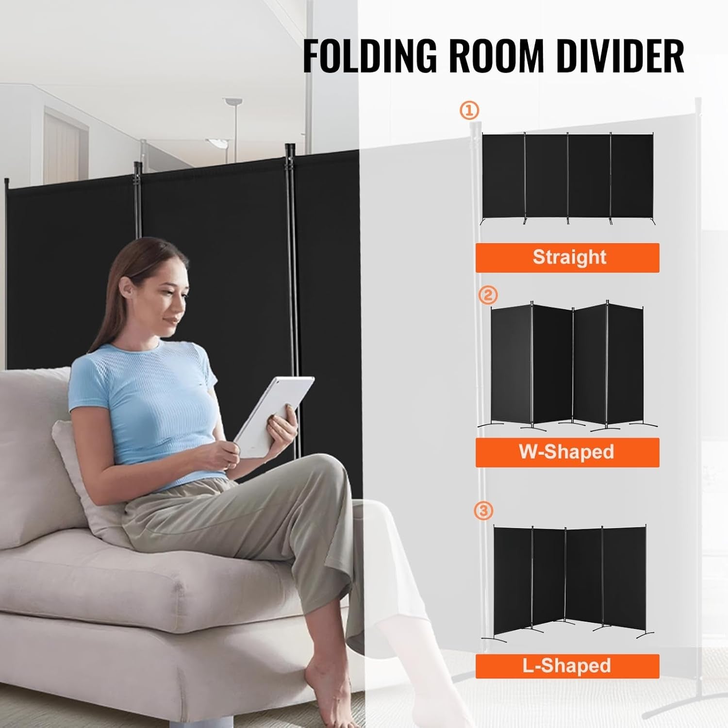 4 Panel Black Folding Room Divider Privacy Screen Freestanding 364x184cm