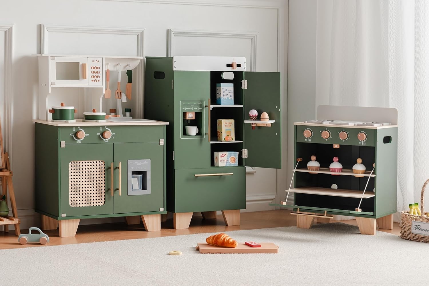 Wooden Kids Play Kitchen 3-in-1 Fridge Oven Sink Green Toy