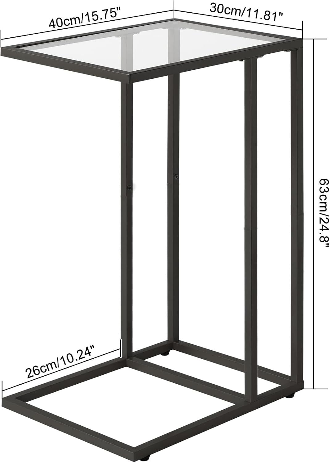 Black C-Shaped Side Table 30x40x63 cm | Tempered Glass Sofa & Bed Table