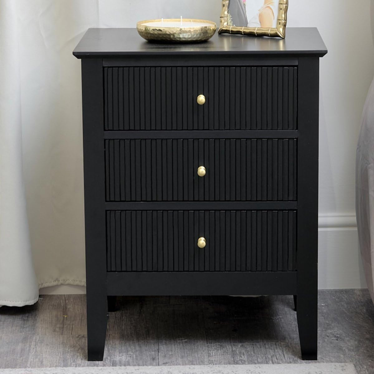 Pair of Black 3 Drawer Bedside Tables – Modern Wood Nightstands with Gold Handle