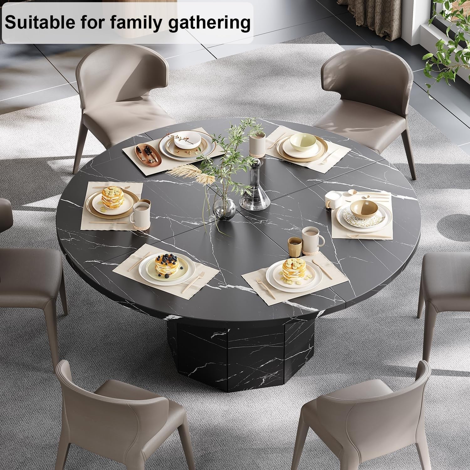 Round Black Marble Dining Table 4-6 Seater Modern Kitchen 120cm