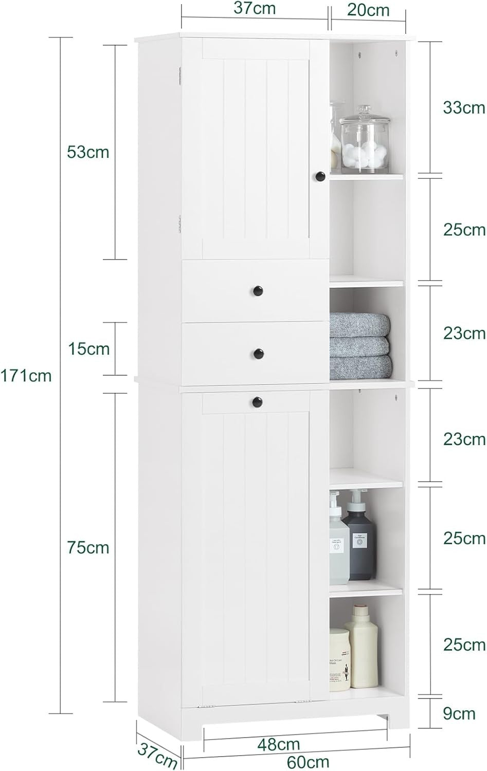 Tall Slim Bathroom Storage Cabinet with Laundry Basket Shelves White