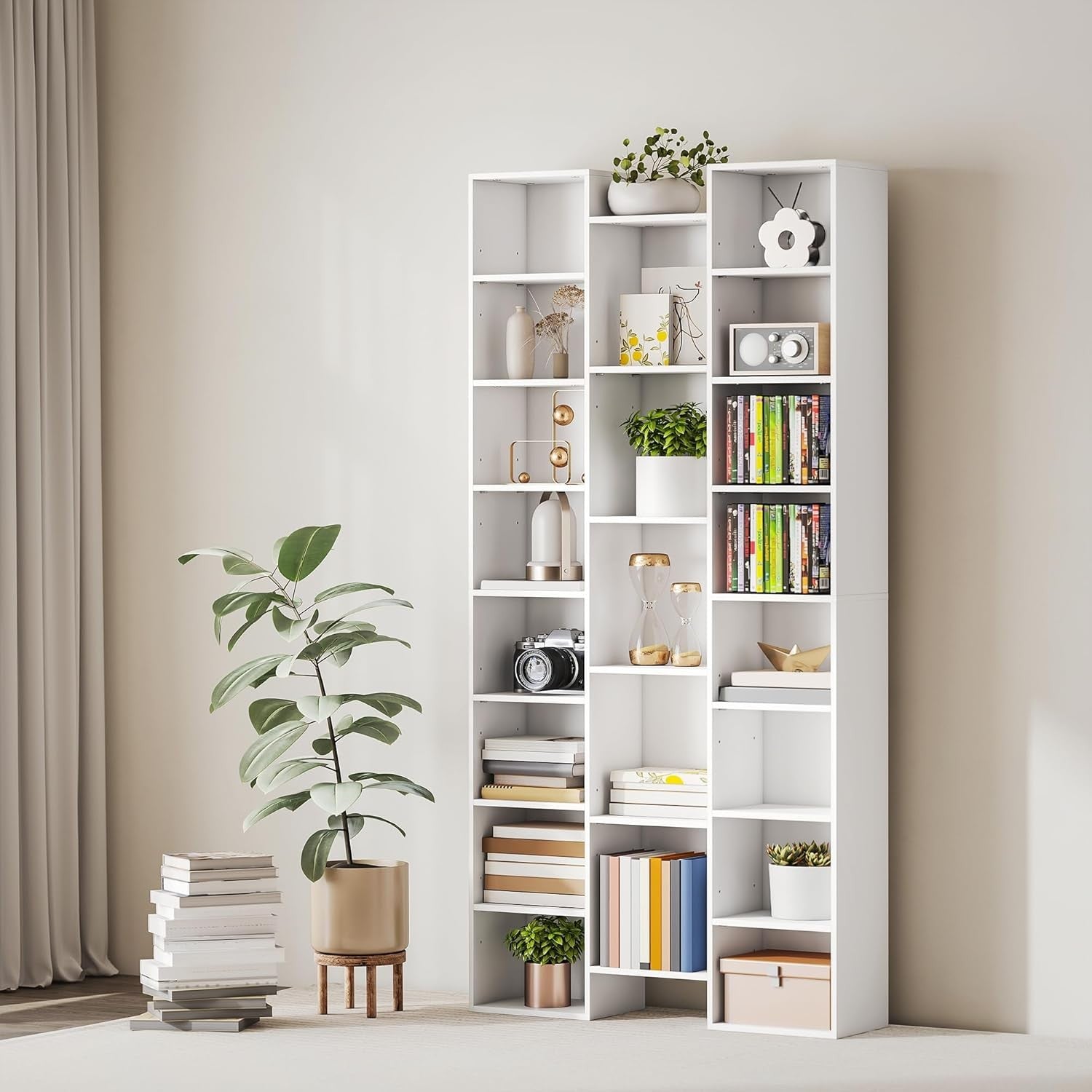 Tall 21-Cube White Bookcase Adjustable Shelves Modern Storage Unit for Home Offi
