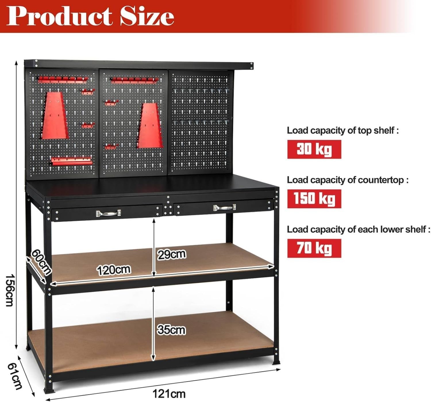 Heavy Duty Garage Workbench with Pegboard Drawers Shelves 435kg Tool Station