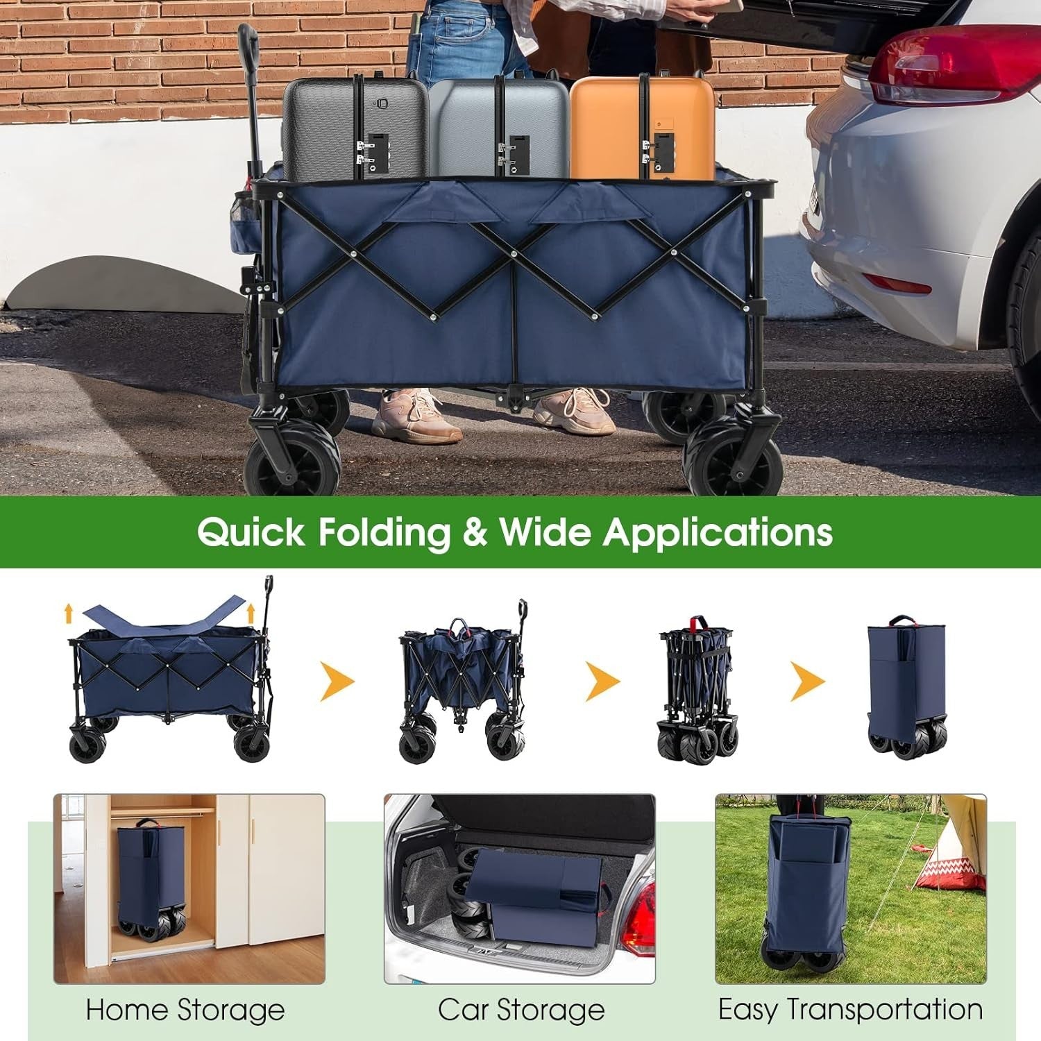Blue Folding Camping Wagon Heavy Duty Collapsible Garden Cart Adjustable Handle