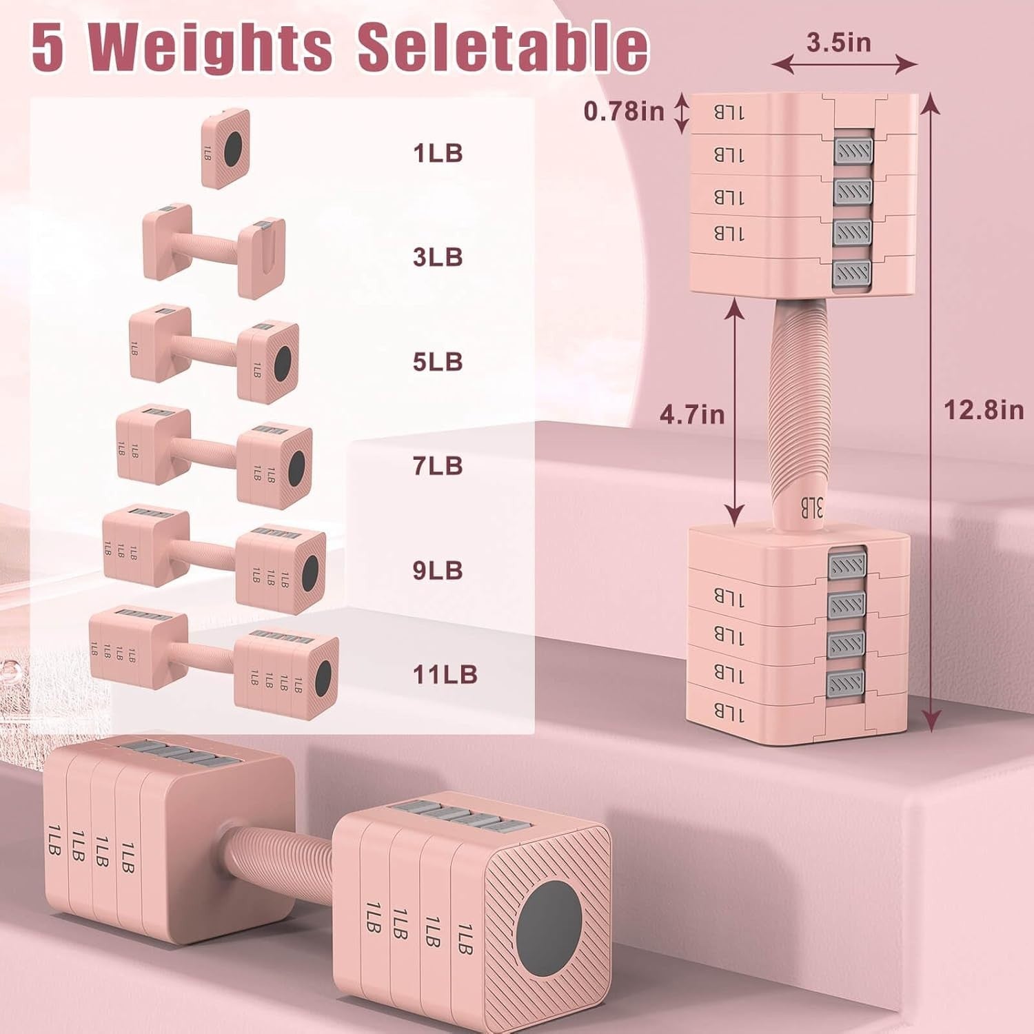 5-in-1 Adjustable Dumbbell Pair 3–11LB Quick Change Pink Home Gym Weights