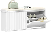 White Shoe Storage Bench with Cushion & Flip Drawers – Modern Hallway Unit