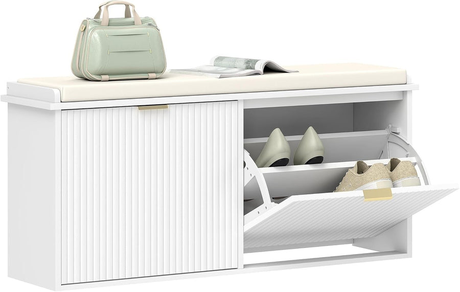 White Shoe Storage Bench with Cushion & Flip Drawers – Modern Hallway Unit