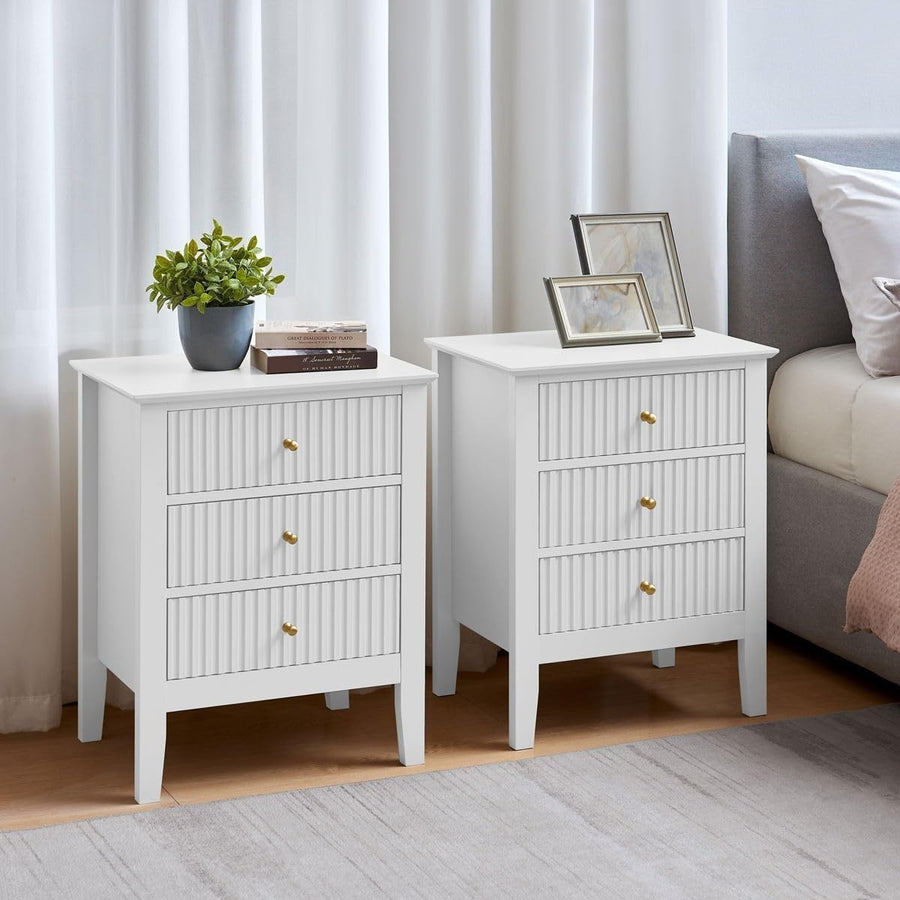 Set of 2 White 3 Drawer Bedside Tables | Modern Bedroom Nightstands