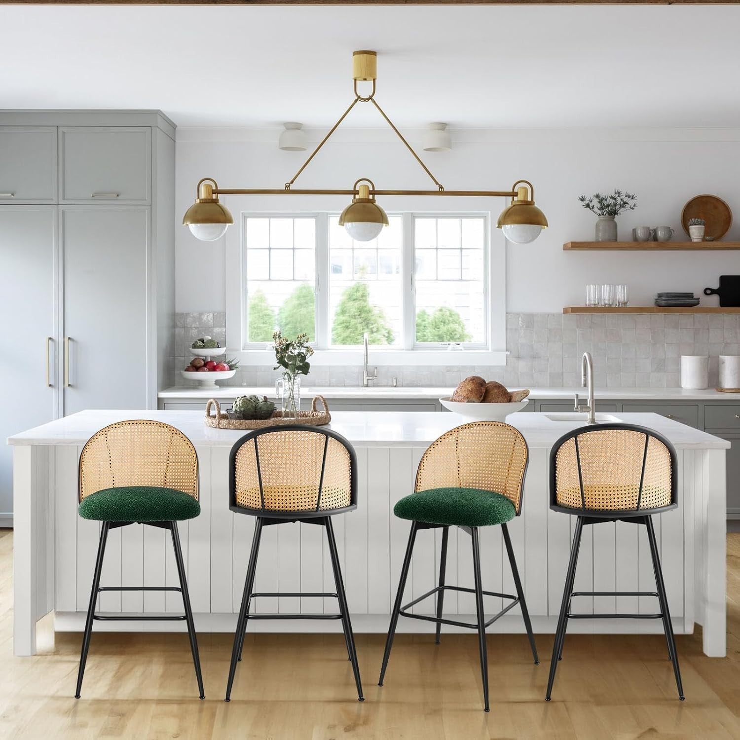 Set of 4 Swivel Bar Stools Rattan Back Upholstered Counter Height Kitchen Seats