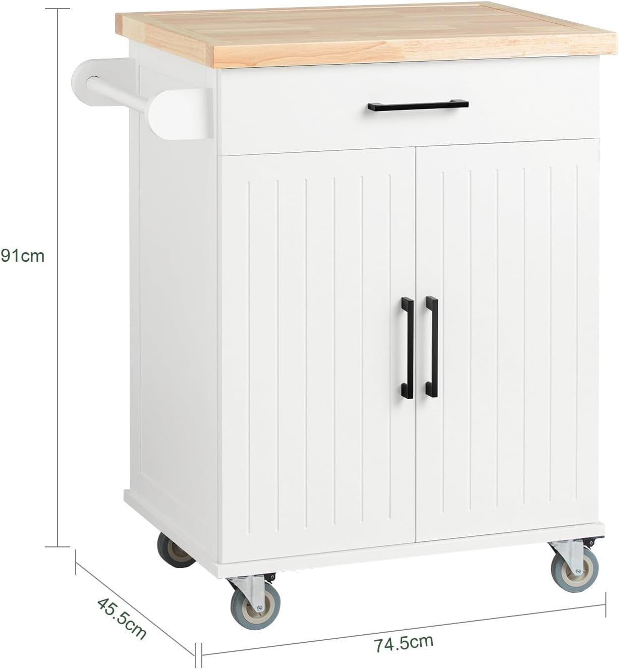74.5x45.5x91cm White Kitchen Island Trolley Rubberwood Top