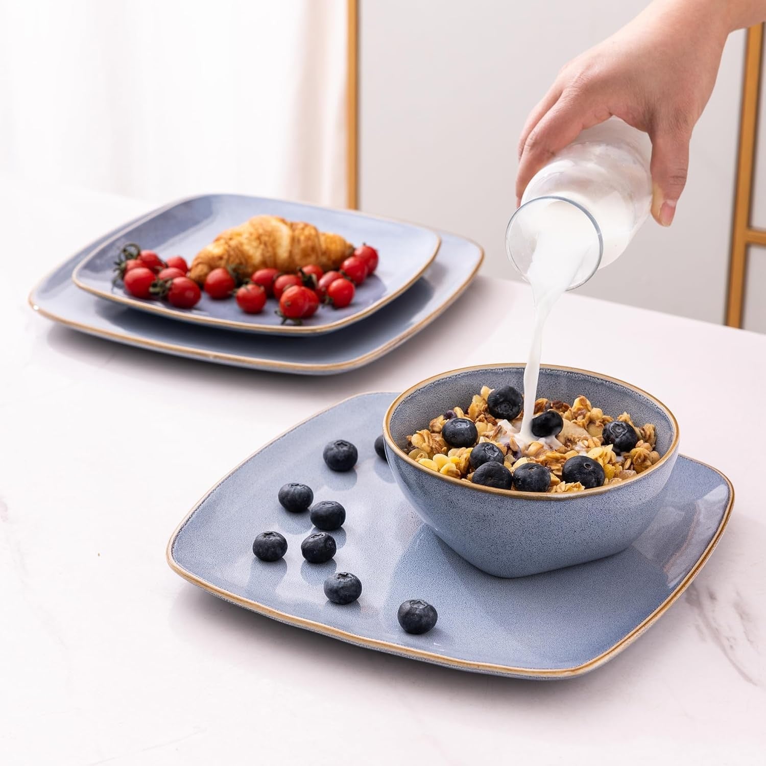 12pc Square Dinnerware Set Reactive Blue Stoneware Scratch Resistant Dishwasher