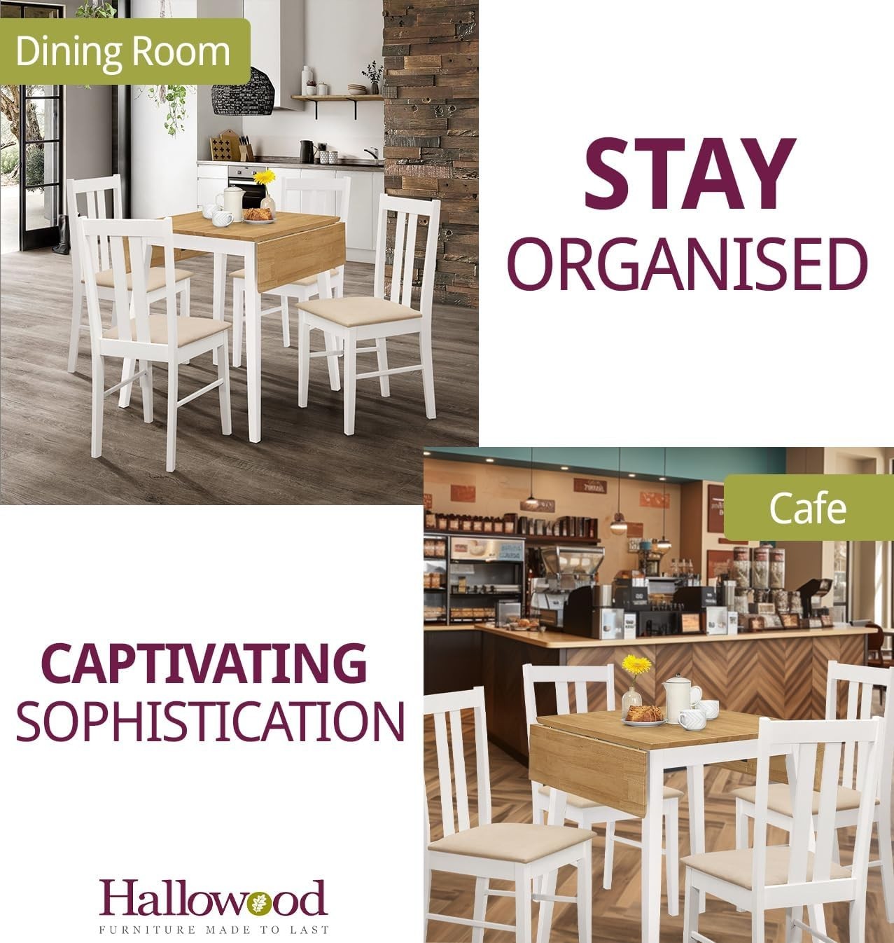 Drop Leaf Dining Table Set with 4 Chairs Oak White Foldable Space Saving