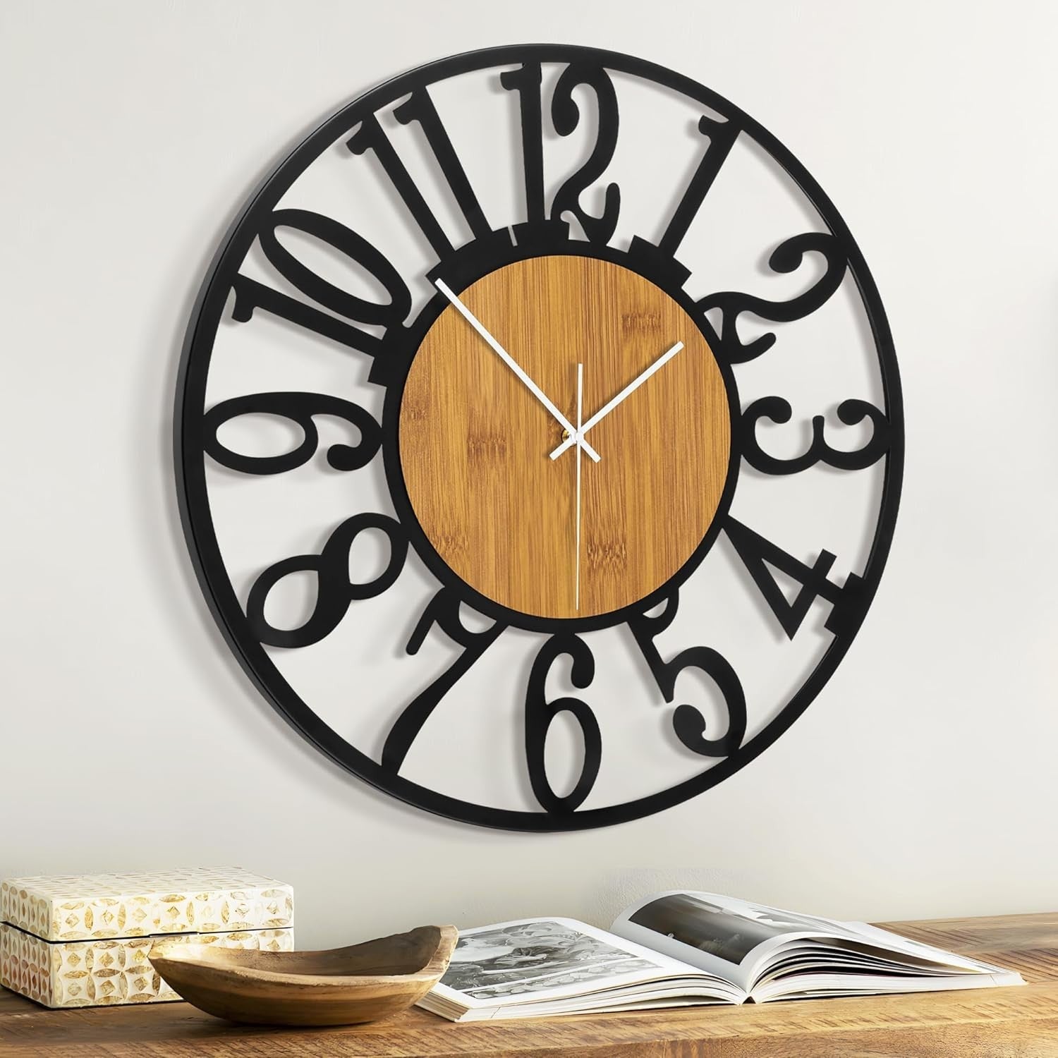 Large 32IN Silent Wall Clock - Modern Wooden Metal Decor, Battery Operated