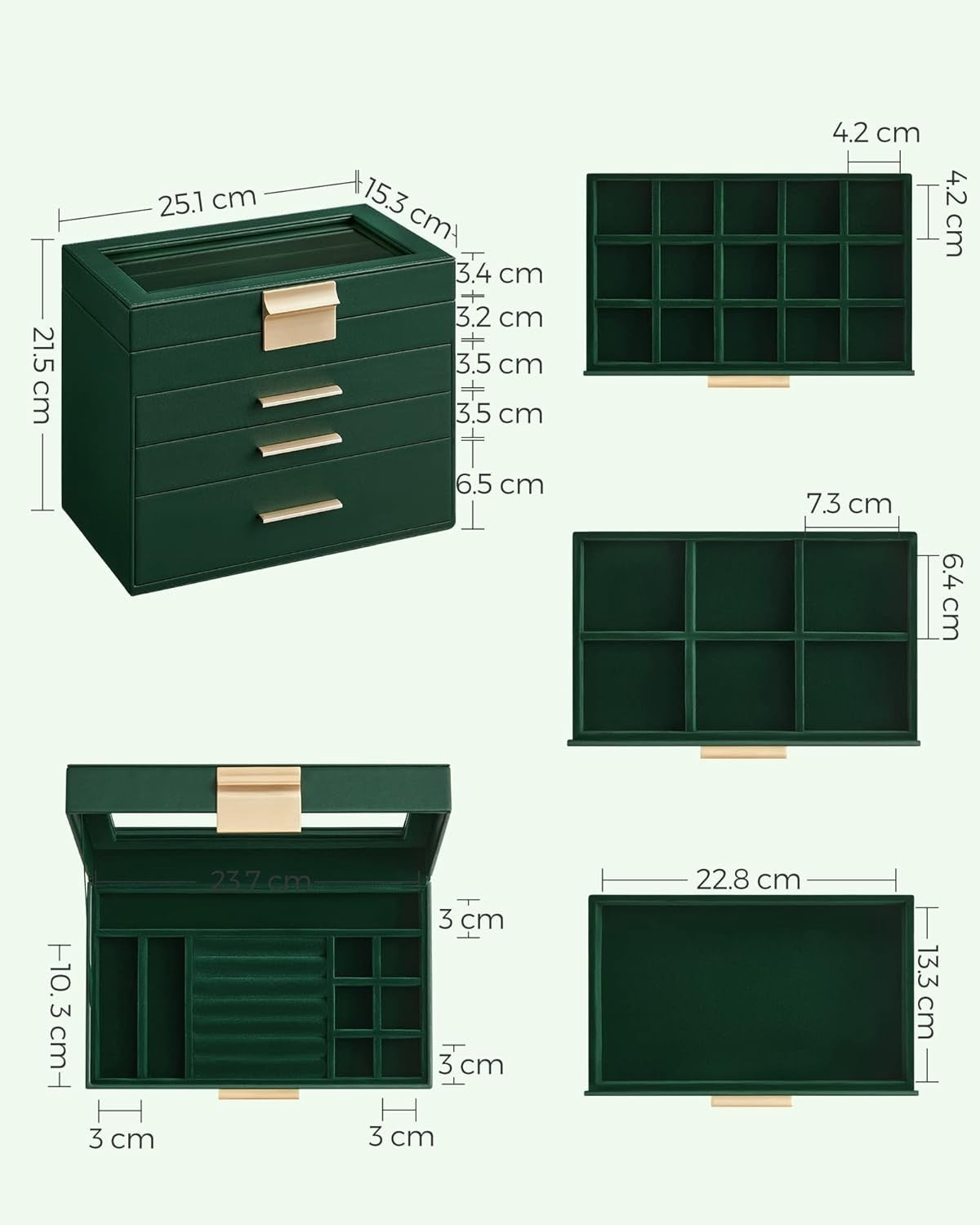Forest Green Gold Jewellery Box Glass Lid 4 Layer Organizer with Drawers