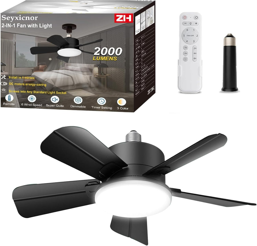 Seyxicnor Socket Ceiling Fan with Light, Remote, E27, 6-Speed, Black, LED