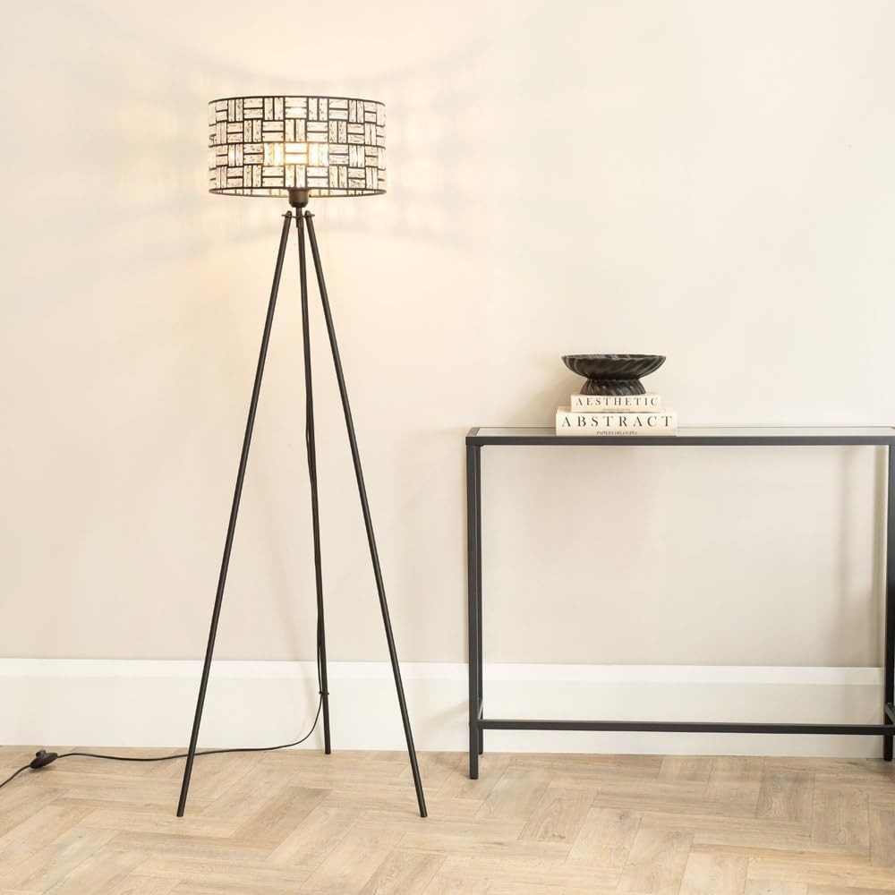 Black Tripod Floor Lamp Clear Acrylic Jewel Drum Shade LED Light