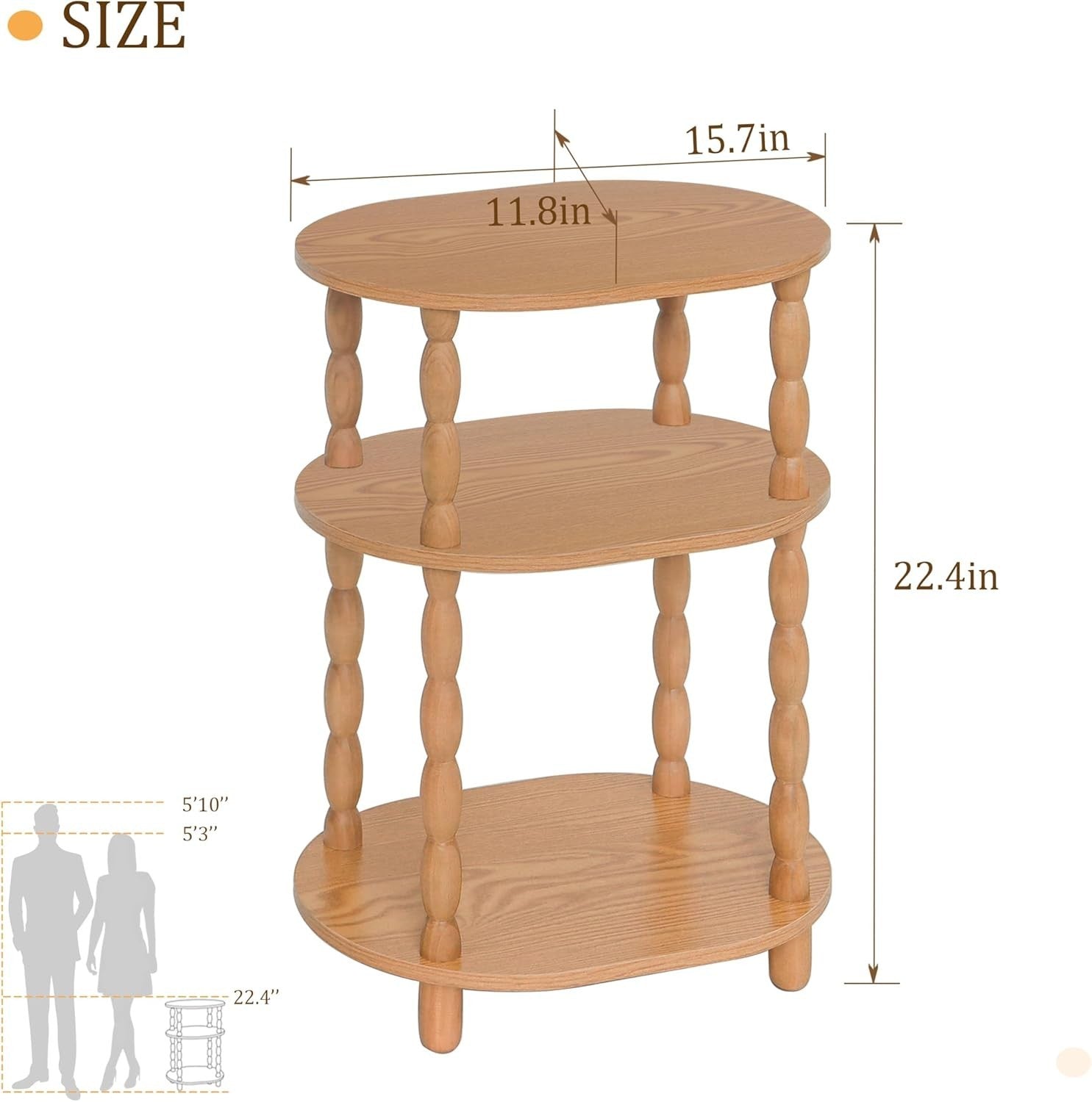3-Tier Oval Side Table Brown, Compact Modern End Table with Storage Shelves