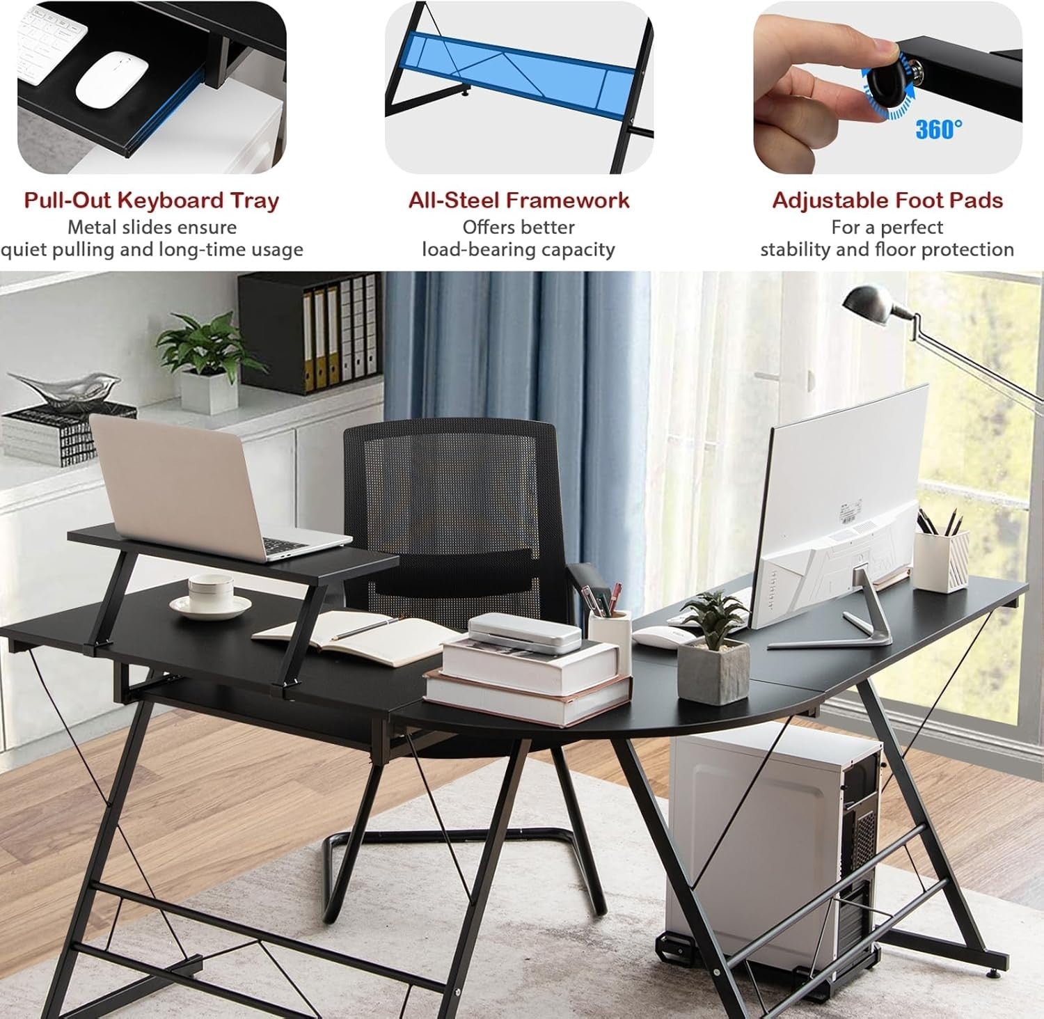 Black L-Shaped Computer Desk with Keyboard Tray & Monitor Shelf