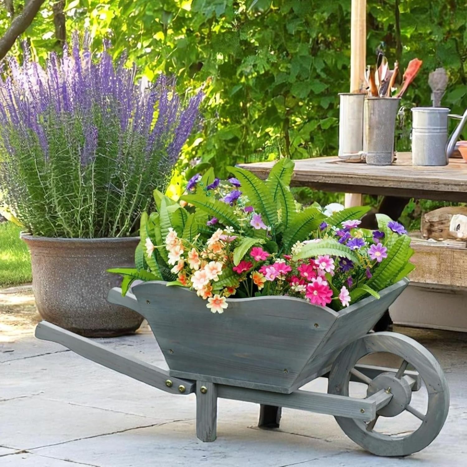 69cm Wooden Wheelbarrow Planter – Grey – Rustic Outdoor Garden Decor w/ Handles
